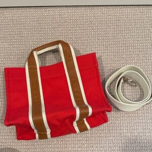 Rue De Verneuil red canvas crossbody tote w/ leather trim